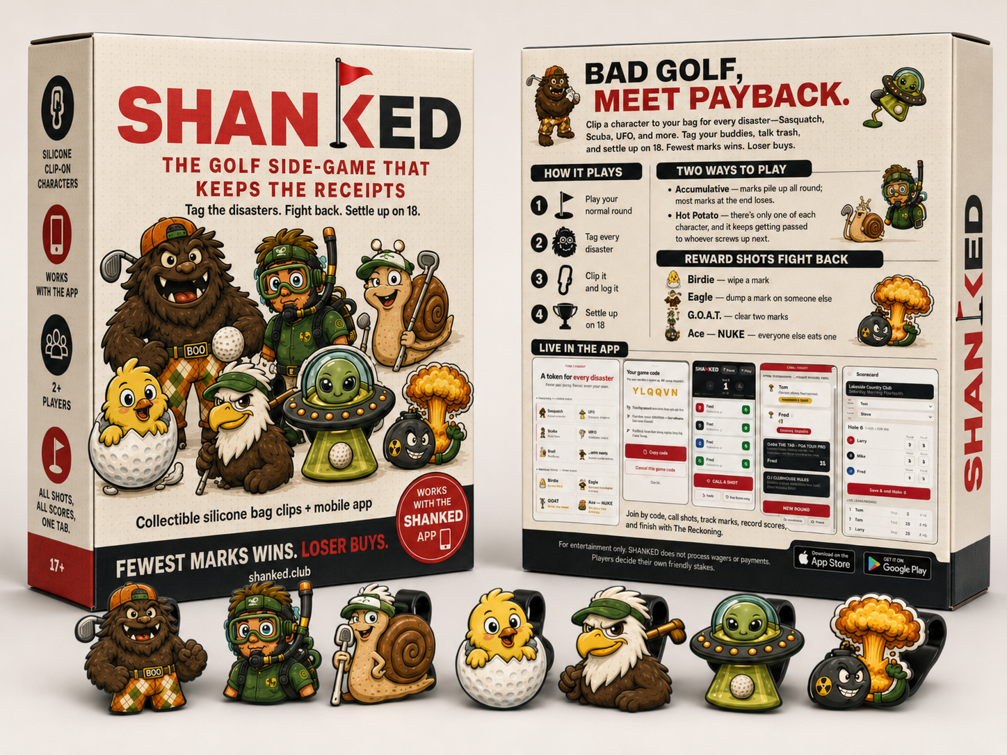 SHANKED retail box — front, back & clip-on figures